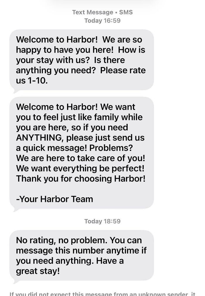 A series of text messages with passive-aggressive notes from a rental property about customer satisfaction.