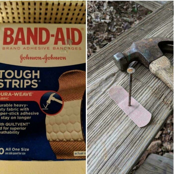 A Band-Aid box next to a Band-Aid used to cover a nail in a wooden plank, a peculiar thing spotted in real life.