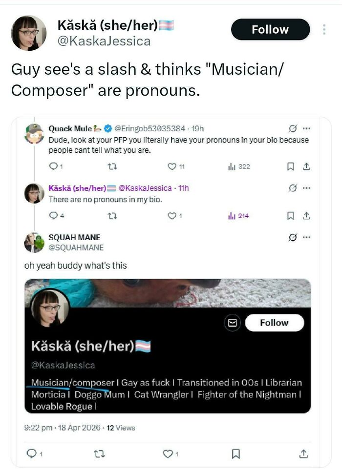 An X post thread where a user corrected an obvious joke by mistaking Musician/Composer in a bio for pronouns.