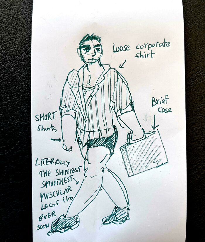 A humorous sketch of a man in shorts and a corporate shirt with shiny legs, from the not interesting community photos.