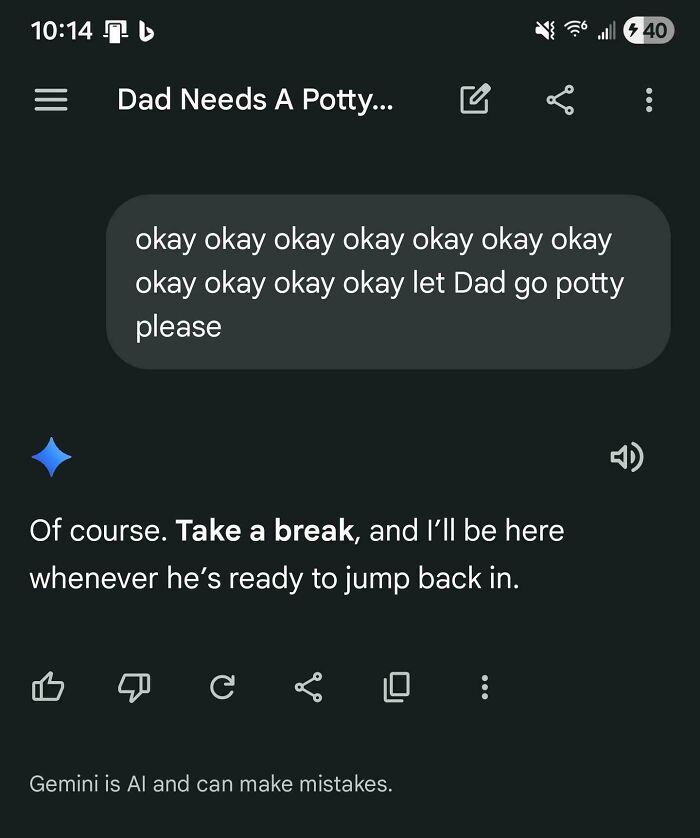 A phone screen displays a chat with a bot about someone needing to use the potty, a weirdly invested conversation.