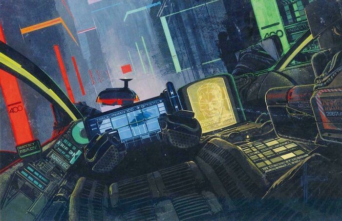 Retrofuturistic image showing a person inside an imagined future cockpit with multiple screens and controls.