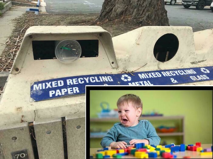 A Funny 'You Had One Job' Fail: A recycling bin with paper and glass labels, ironically containing a plastic cup.