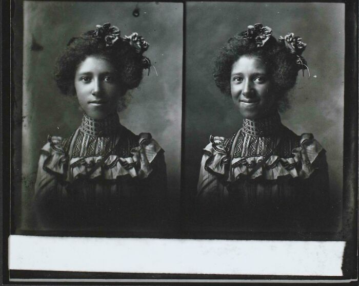 A split image of a young woman with a slight smile, a compelling portrait from emotional historical photos.