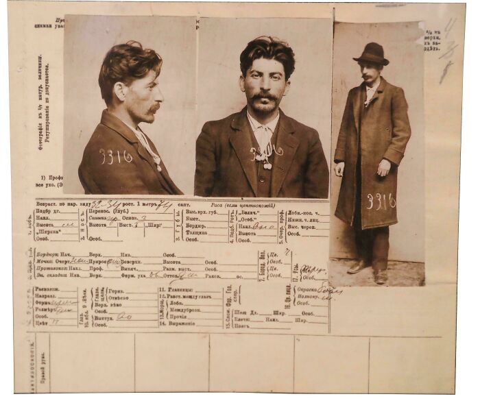 An emotional historical photo of Joseph Stalin's mugshots from 1911, showing front, profile, and full body views with handwritten notes.