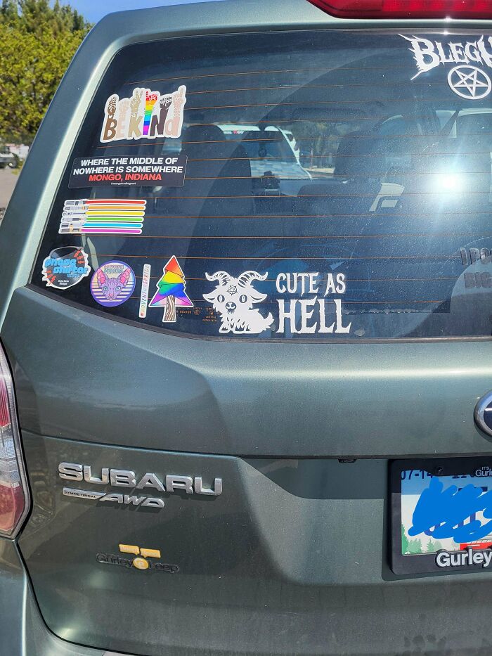 A collection of funny, wild, and unfiltered bumper stickers on the back of a green Subaru, one reads: Cute as Hell.