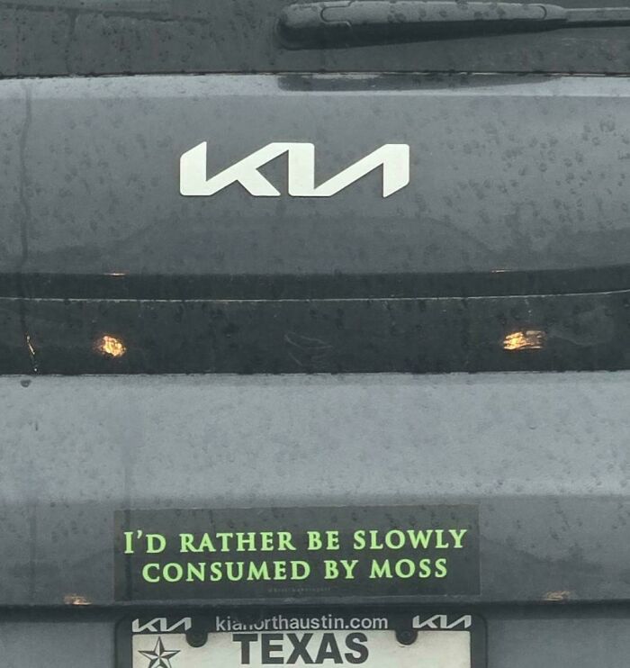 Wild bumper sticker: ID RATHER BE SLOWLY CONSUMED BY MOSS on a car.