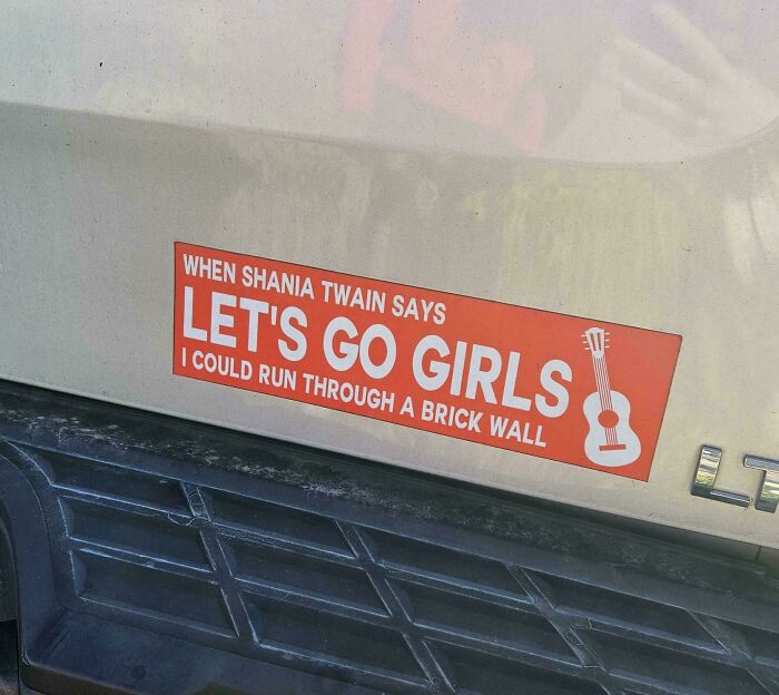Wild bumper sticker: When Shania Twain says Lets Go Girls I could run through a brick wall.