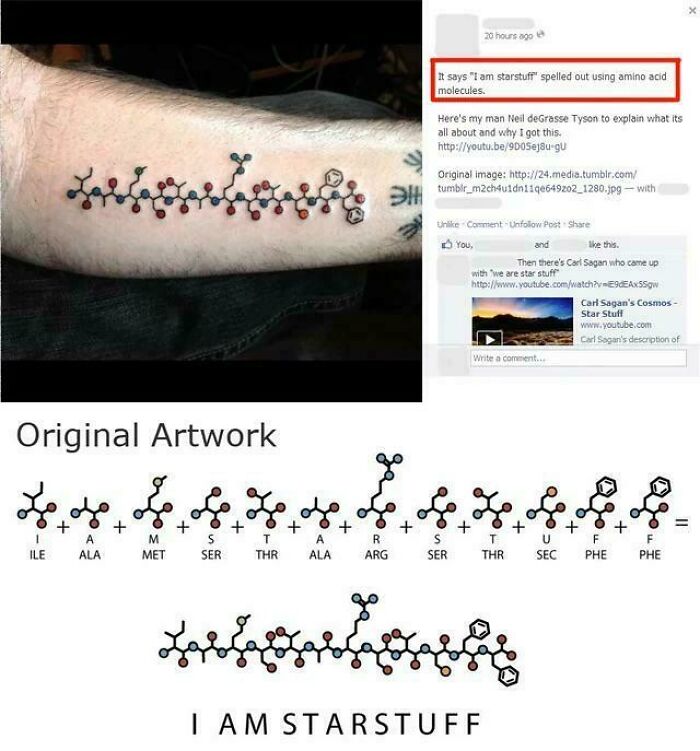 An arm showing a unique molecular tattoo spelling out I AM STARSTUFF, alongside the text explaining its meaning.
