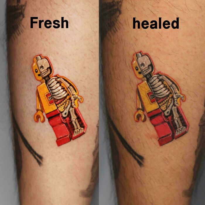 A side-by-side comparison of a fresh and healed LEGO skeleton tattoos on a leg. Stunning tattoo.