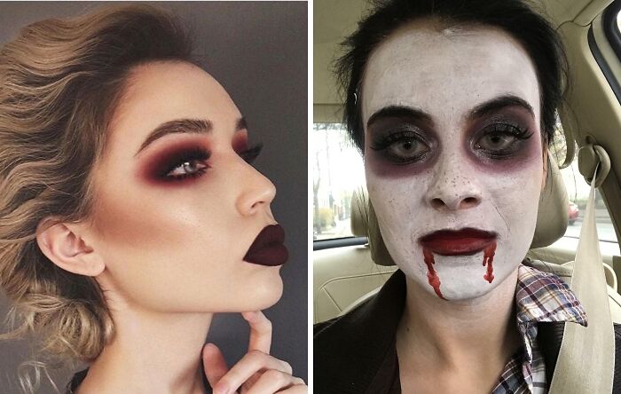 A side-by-side comparison of a woman with elegant makeup and the same woman with poorly applied, scary zombie makeup from a beauty salon.