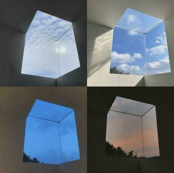 Window illusion creating a cube-shaped view of the sky with changing light and clouds