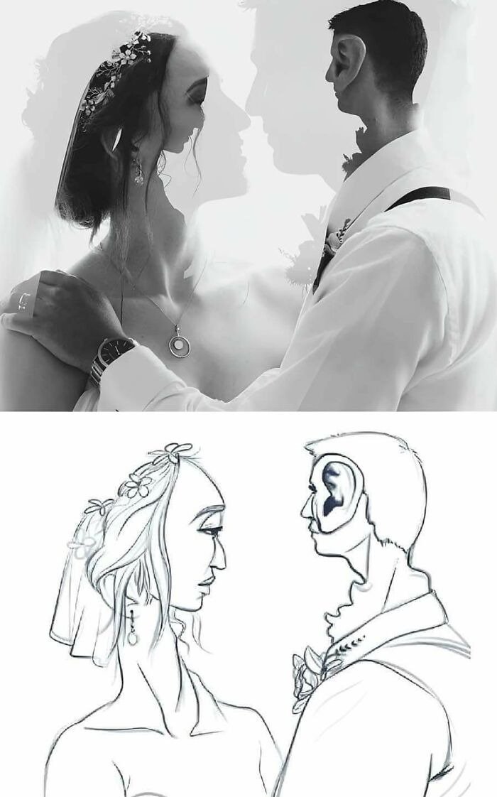 Black and white artistic wedding photo with surreal distorted ears effect