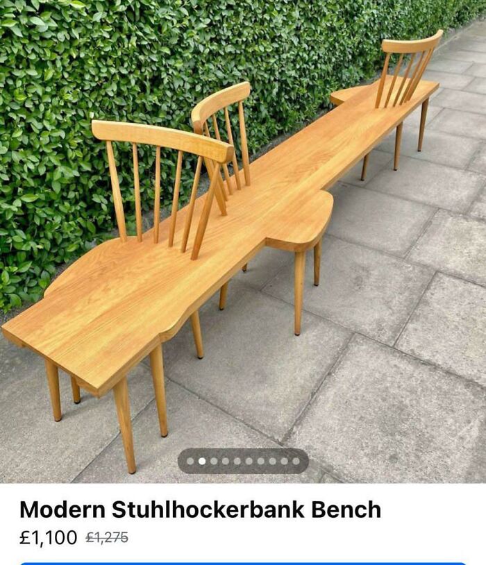 Modern wooden bench combining chair backs and seats into a single design