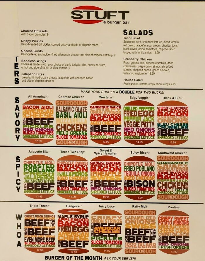Burger bar menu displaying variety of burgers and salads with creative typography