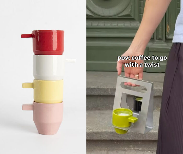 Stacked colorful coffee cups with innovative to-go coffee cup holder design
