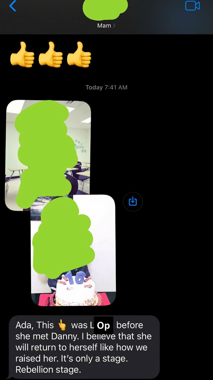 Text conversation with thumbs up emojis and a message about rebellion stage
