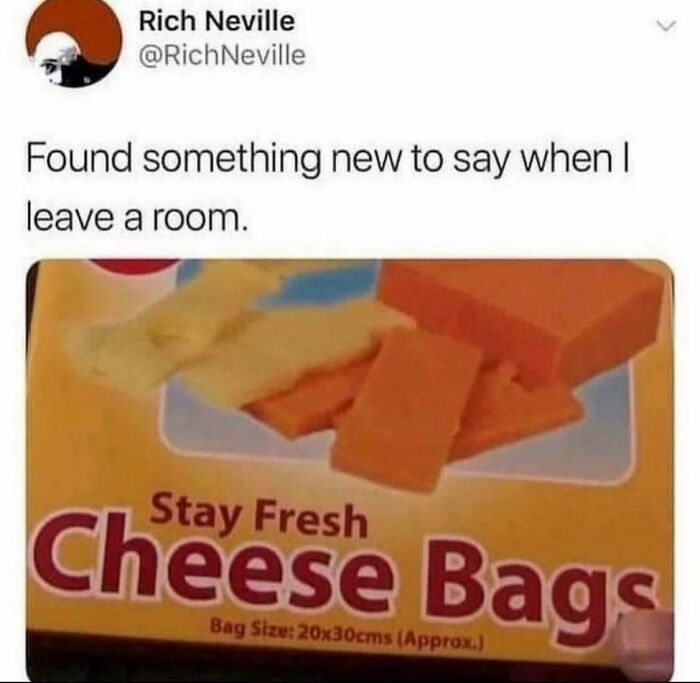 A close-up of a cheese bags package with the text 'Stay Fresh' and 'Cheese Bags,' a post for entertained at work.