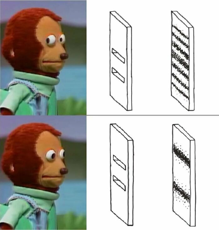 A split image of the blinking white guy meme next to diagrams of a double-slit experiment, a post for entertained at work.