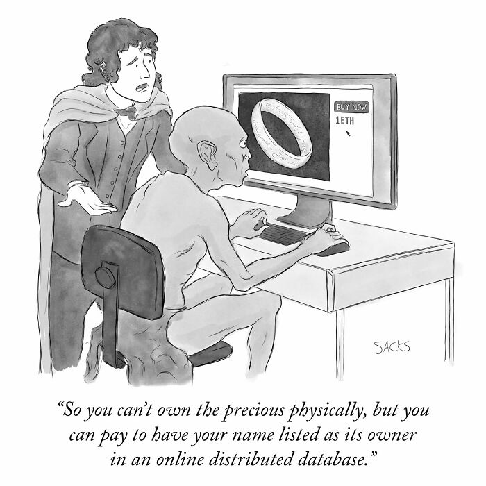 Cartoon of Gollum and Frodo looking at an NFT of The One Ring, a humorous post for entertainment when bored at work.