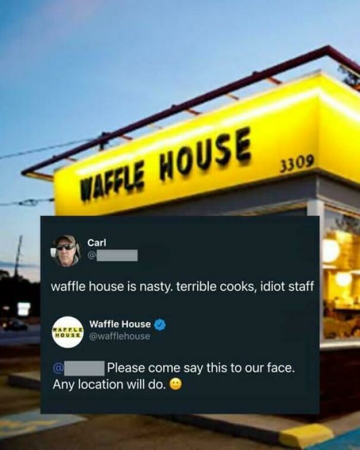Waffle House tweet exchange with a customer complaint and a bold reply, offering humorous posts for entertainment when bored at work.