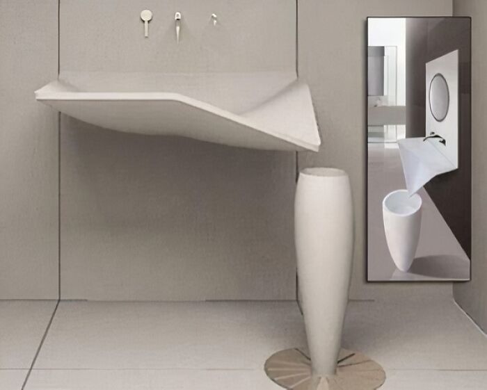 Unusual sink design with angled basin pouring water directly into a tall vase