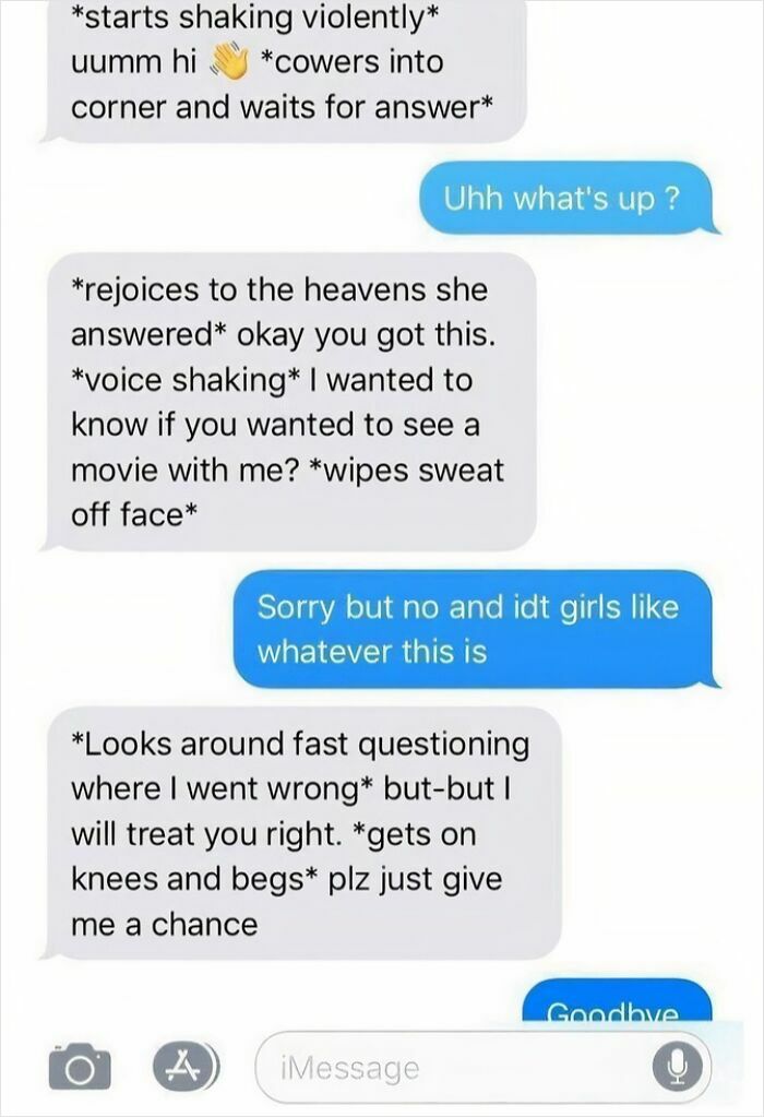 Nervous text message asking to see a movie and rejection reply in blue bubble