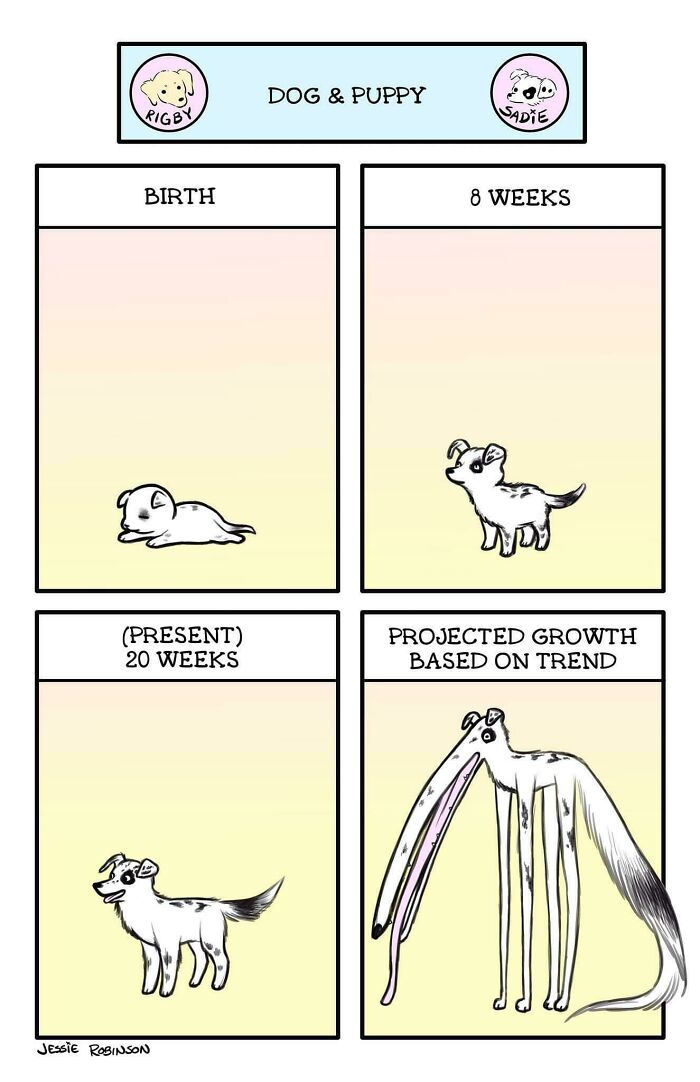 A humorous comic illustrating the projected growth of a puppy, becoming very long-legged. An entertaining post for boredom at work.