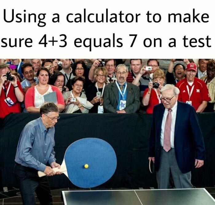 Bill Gates and Warren Buffett playing ping pong with a giant paddle, humorously depicting a calculator to verify 4+3=7. Entertain you at work.