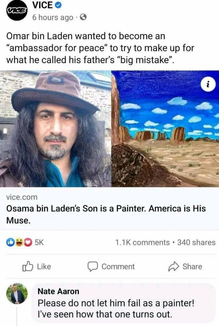 A social media post about Osama bin Laden's son as a painter, with a funny comment, for miscellaneous posts.