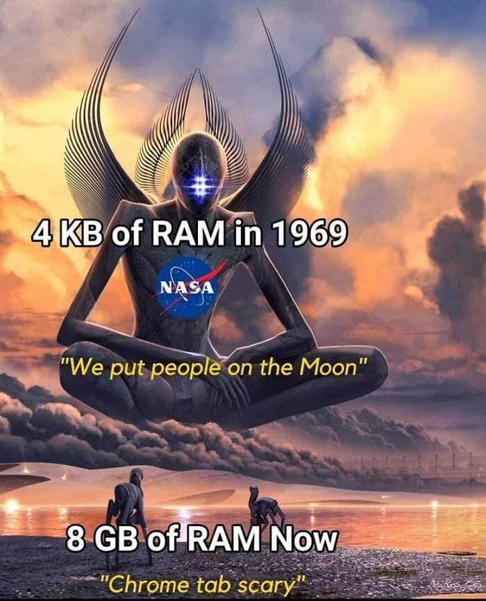 A meme comparing NASA's 4KB RAM achievement to 8GB RAM and Chrome tabs today, for miscellaneous posts.