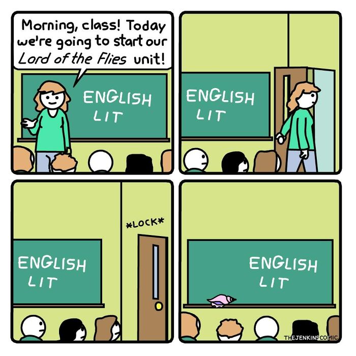 A four-panel comic showing a teacher locking students in class, an entertaining miscellaneous post for work boredom.