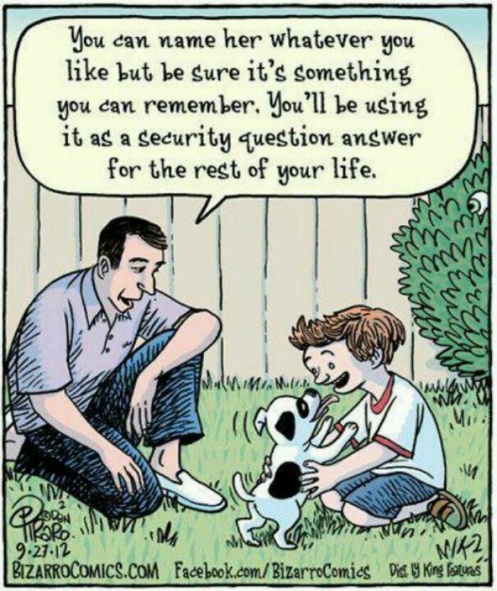 A cartoon of a father and son with a puppy. The father says, You can name her whatever you like but be sure it's something you can remember. You'll be using it as a security question answer for the rest of your life. This post might entertain you when you get bored at work.