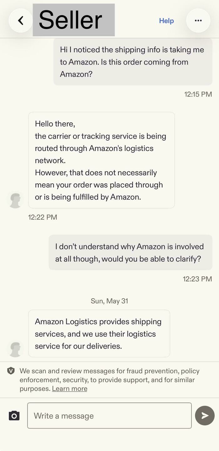 A screenshot of a conversation with a seller discussing Amazon's logistics network and consumerism.