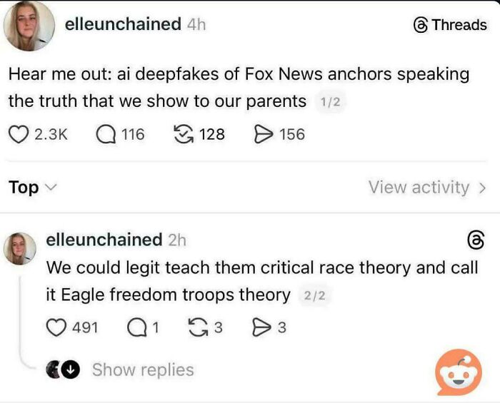 A Reddit post about chaotic good posts, discussing using AI deepfakes of news anchors and critical race theory.