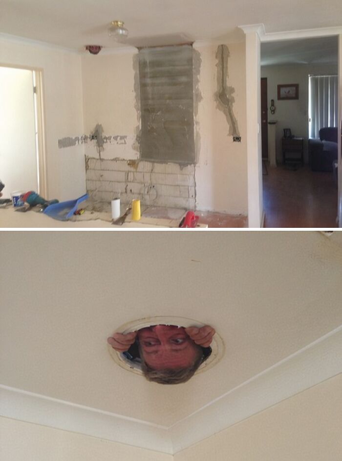A two-part image showing home renovation, with an amazing father peeking from a ceiling hole, embodying unique parenting.