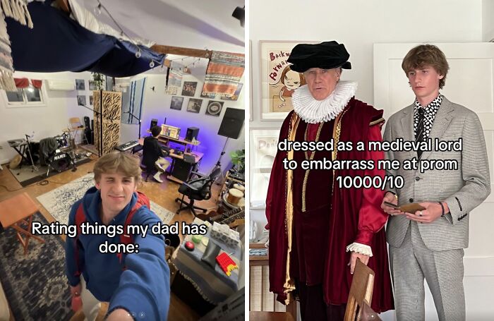 A split image shows a son rating his amazing fathers fun deeds, one dressed as a medieval lord for prom.