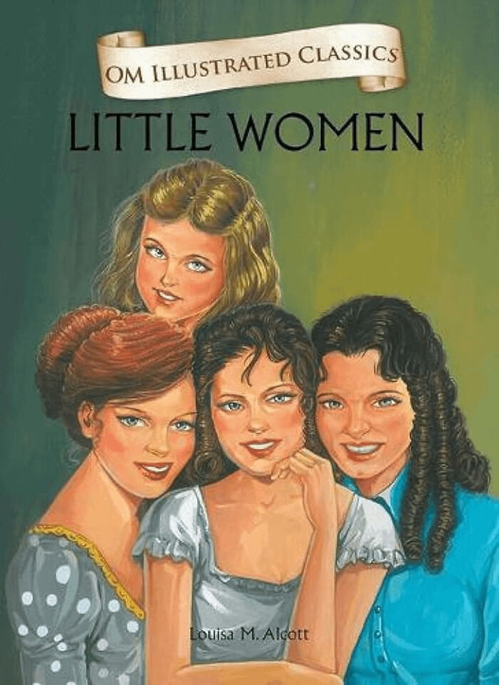 Strange illustrated book cover of Little Women showing four sisters with unhinged and distorted facial expressions