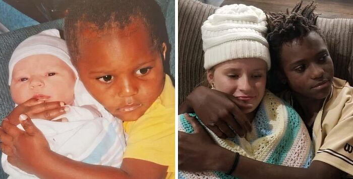 A split image shows siblings from adoption stories: a dark-haired boy holding a baby, and the grown-up pair embracing.