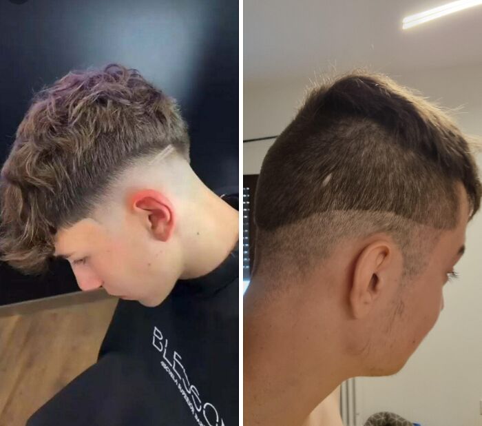 Side-by-side images comparing a clean fade haircut with a poorly executed hair salon disaster fade.