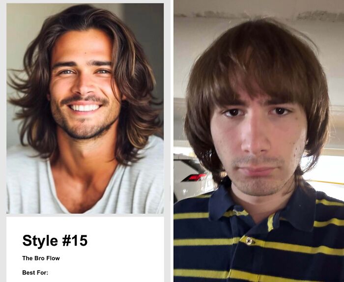A side-by-side comparison showing a man with long, flowing hair and another man with a bowl cut, a hair salon disaster.