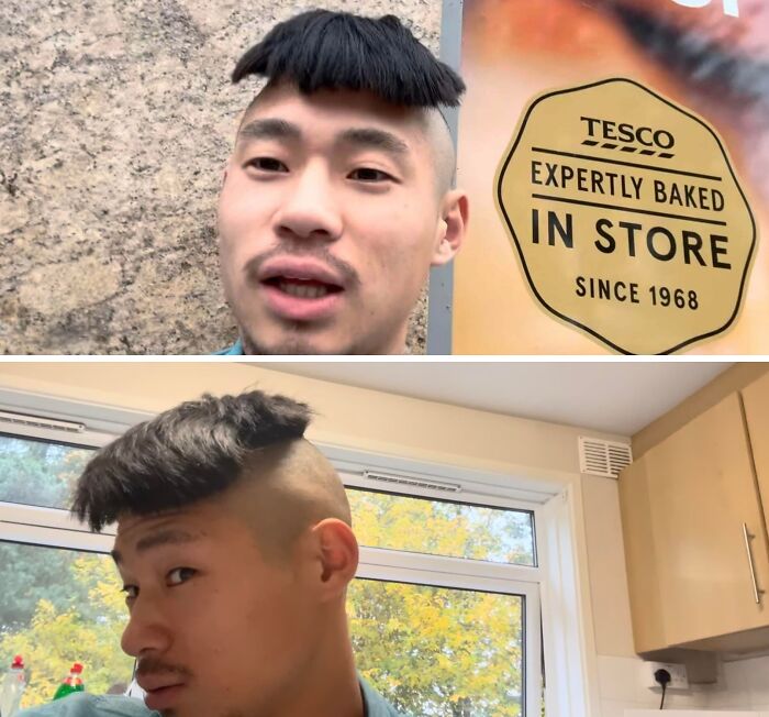 A man with a super short, uneven fringe hairstyle, a clear hair salon disaster.
