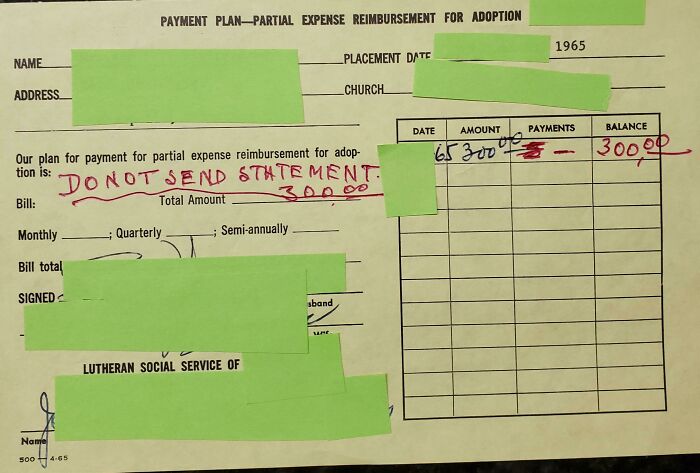 An old payment plan document for partial expense reimbursement for adoption, with sections redacted, showing a 1965 date.