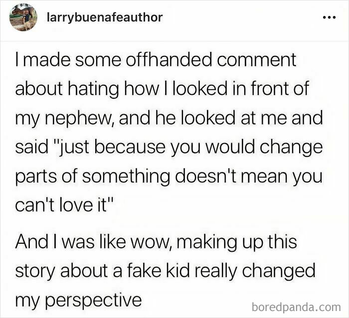 Parenting meme about nephew's wise comment on self-love and perspective.