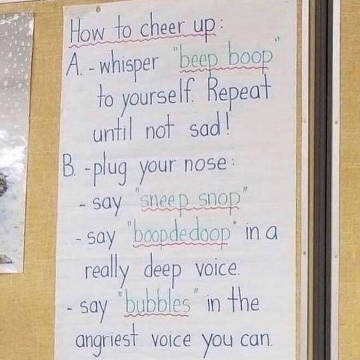 Handwritten list meme on how to cheer up with silly phrases and funny voices