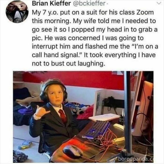Humorous parenting meme showing a kid in a suit on Zoom call with call hand signal