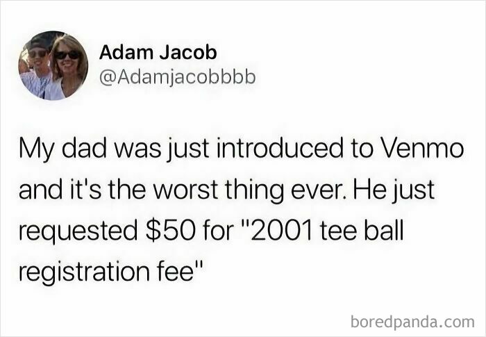 Parenting meme about dad misunderstanding Venmo fee request for tee ball