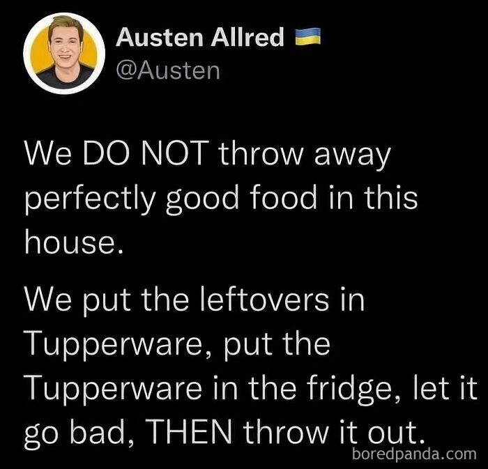 Parenting meme about not throwing away good food, saving leftovers