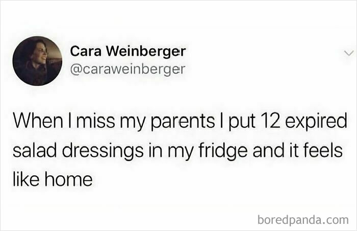 Funny parenting meme about missing parents and expired salad dressings at home