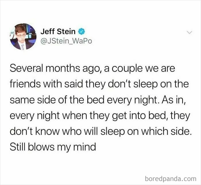 Parenting meme on couples not knowing which side of bed to sleep on every night